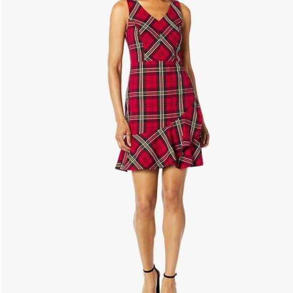Trina Turk Red, Black, & White Tartan Plaid 'Spumante' Ruffle Hem Dress - Size 8 - Picture 1 of 9